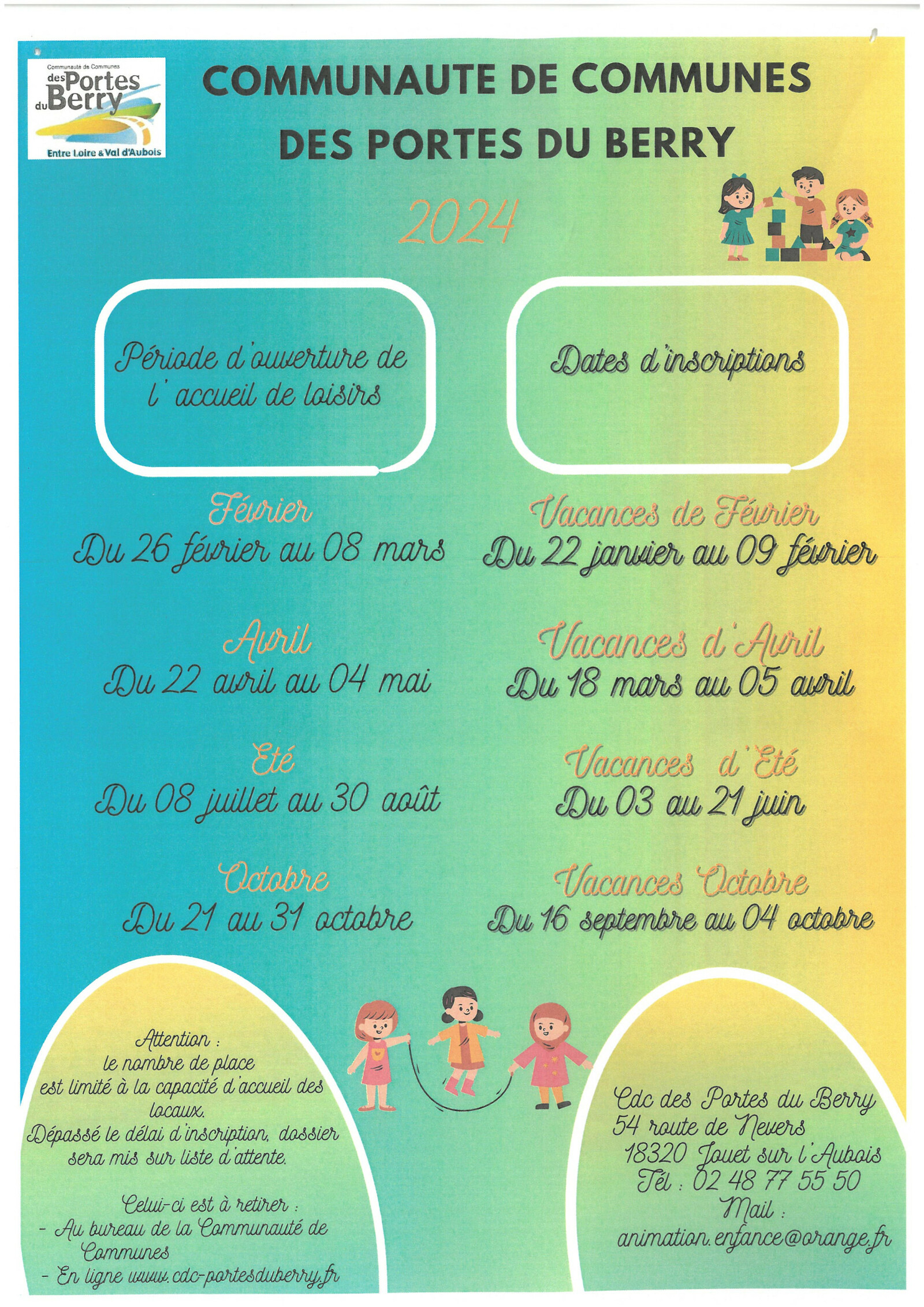 calendrier d'ouverture 2024 ALSH