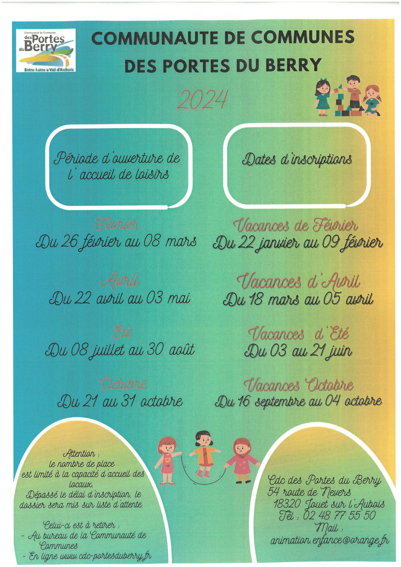 calendrier d'ouverture 2024 ALSH